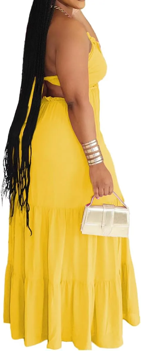 TOPSRANI Womens Sleeveless Maxi Dress Halter Casual Backless Smocked Tiered Ruffle Flowy Sexy Slip Sling Strap Dresses