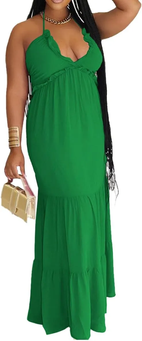 TOPSRANI Womens Sleeveless Maxi Dress Halter Casual Backless Smocked Tiered Ruffle Flowy Sexy Slip Sling Strap Dresses