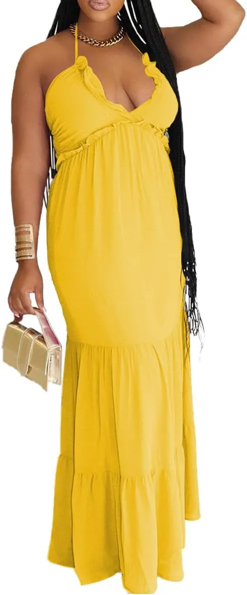 TOPSRANI Womens Sleeveless Maxi Dress Halter Casual Backless Smocked Tiered Ruffle Flowy Sexy Slip Sling Strap Dresses