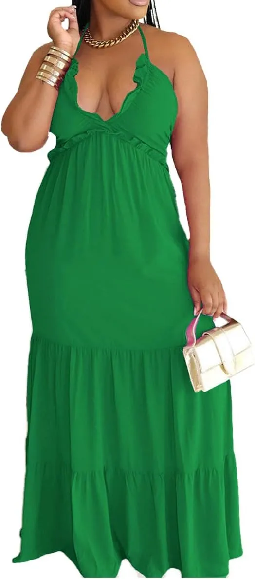 TOPSRANI Womens Sleeveless Maxi Dress Halter Casual Backless Smocked Tiered Ruffle Flowy Sexy Slip Sling Strap Dresses