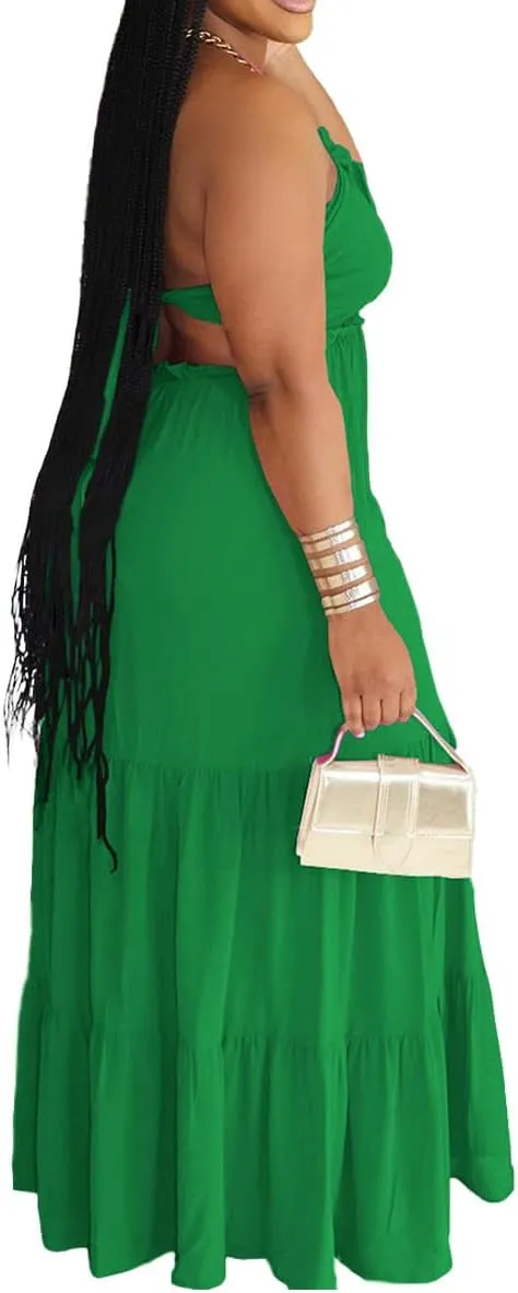 TOPSRANI Womens Sleeveless Maxi Dress Halter Casual Backless Smocked Tiered Ruffle Flowy Sexy Slip Sling Strap Dresses