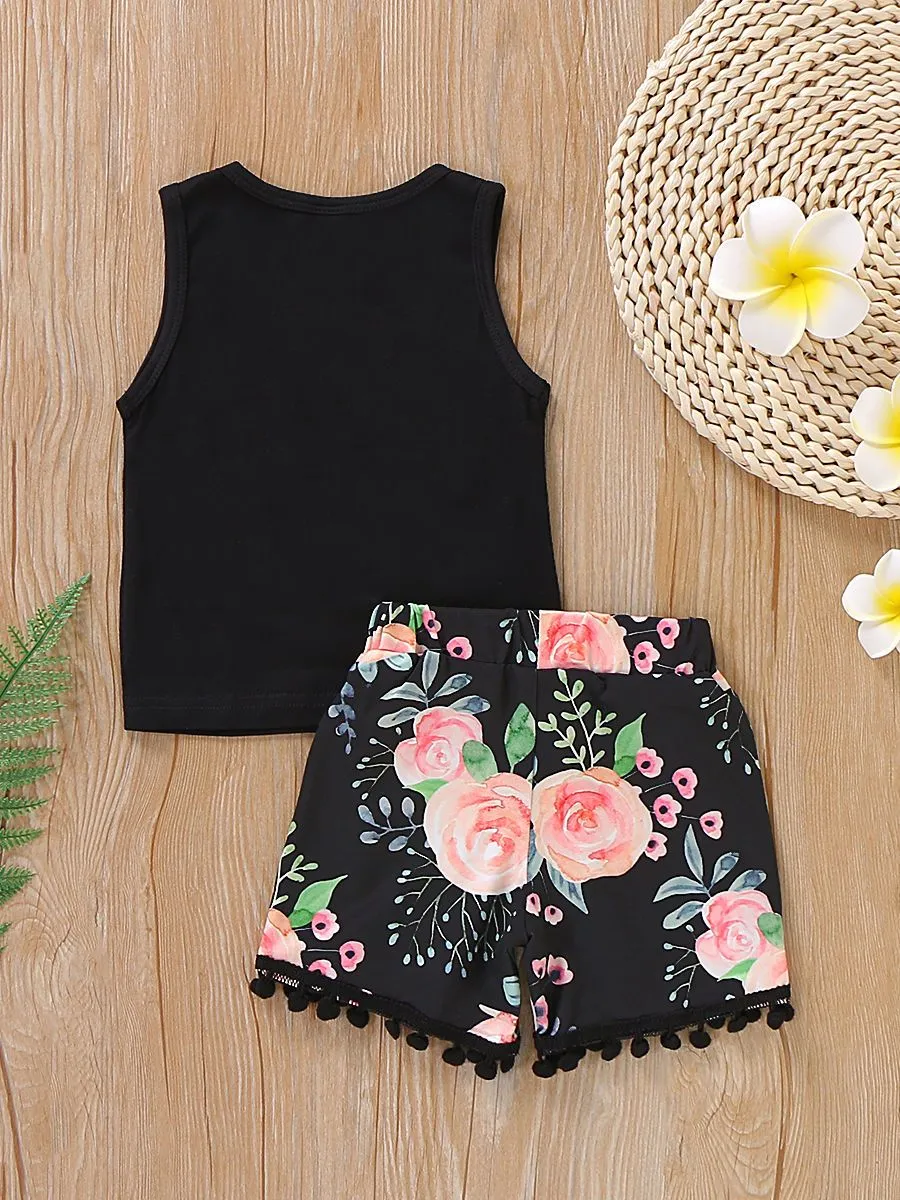Trendy Baby Toddler Girl Letters Vest   Floral Shorts 2-Piece Clothes Set