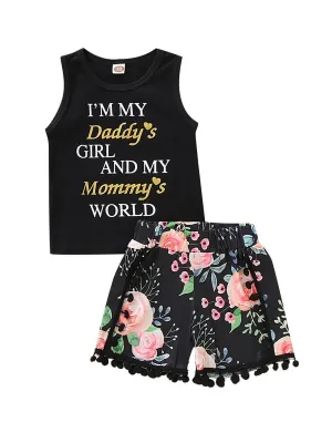 Trendy Baby Toddler Girl Letters Vest   Floral Shorts 2-Piece Clothes Set