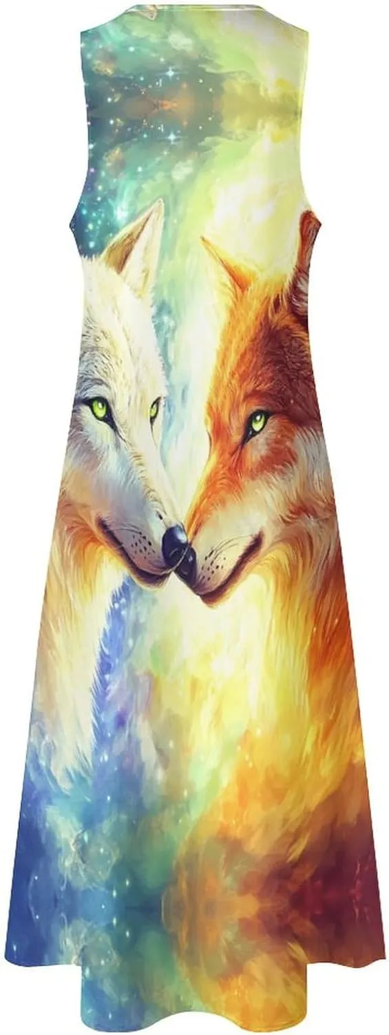 Two Wolves Colorful Starry Summer Long Dresses for Women Sleeveless Loose Maxi Dress V Neck Beach Sundress