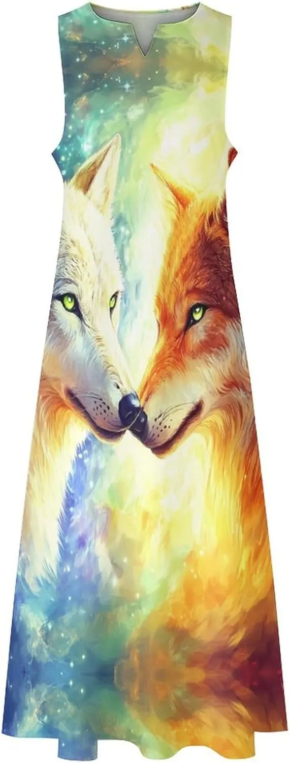 Two Wolves Colorful Starry Summer Long Dresses for Women Sleeveless Loose Maxi Dress V Neck Beach Sundress