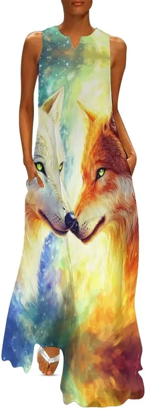 Two Wolves Colorful Starry Summer Long Dresses for Women Sleeveless Loose Maxi Dress V Neck Beach Sundress