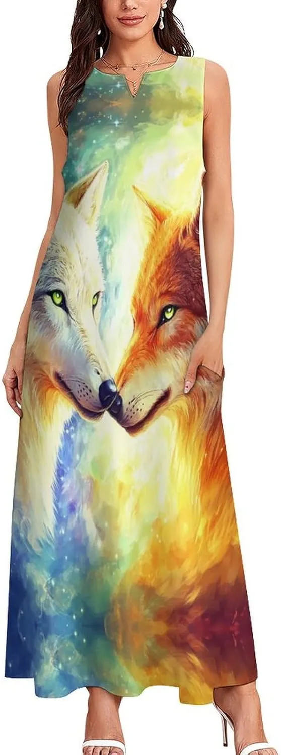 Two Wolves Colorful Starry Summer Long Dresses for Women Sleeveless Loose Maxi Dress V Neck Beach Sundress