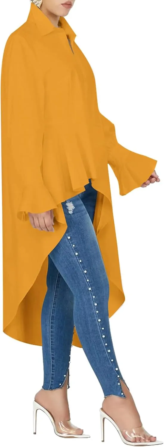 Umenlele Womens Button Down Long Sleeve Asymmetric Ruffle High Low Hem Blouse Shirt Top