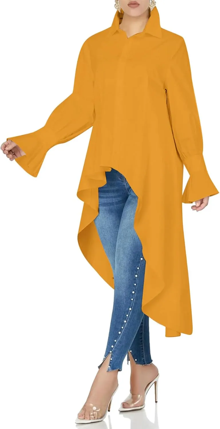 Umenlele Womens Button Down Long Sleeve Asymmetric Ruffle High Low Hem Blouse Shirt Top