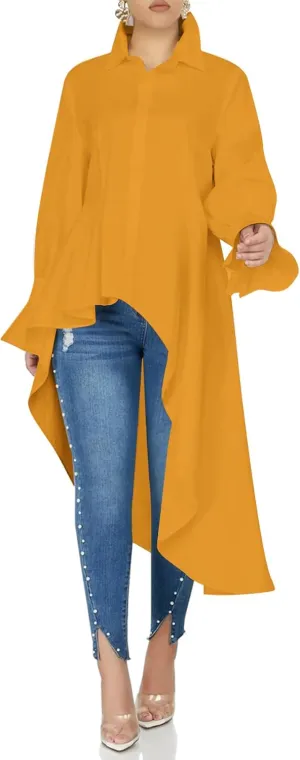 Umenlele Womens Button Down Long Sleeve Asymmetric Ruffle High Low Hem Blouse Shirt Top