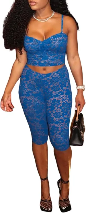 Uni Clau Womens Sexy Lace 2 Piece Set Sleeveless Tank Top and Capri Pants Mesh Bodycon Two Piece Outfits Club Matching Set