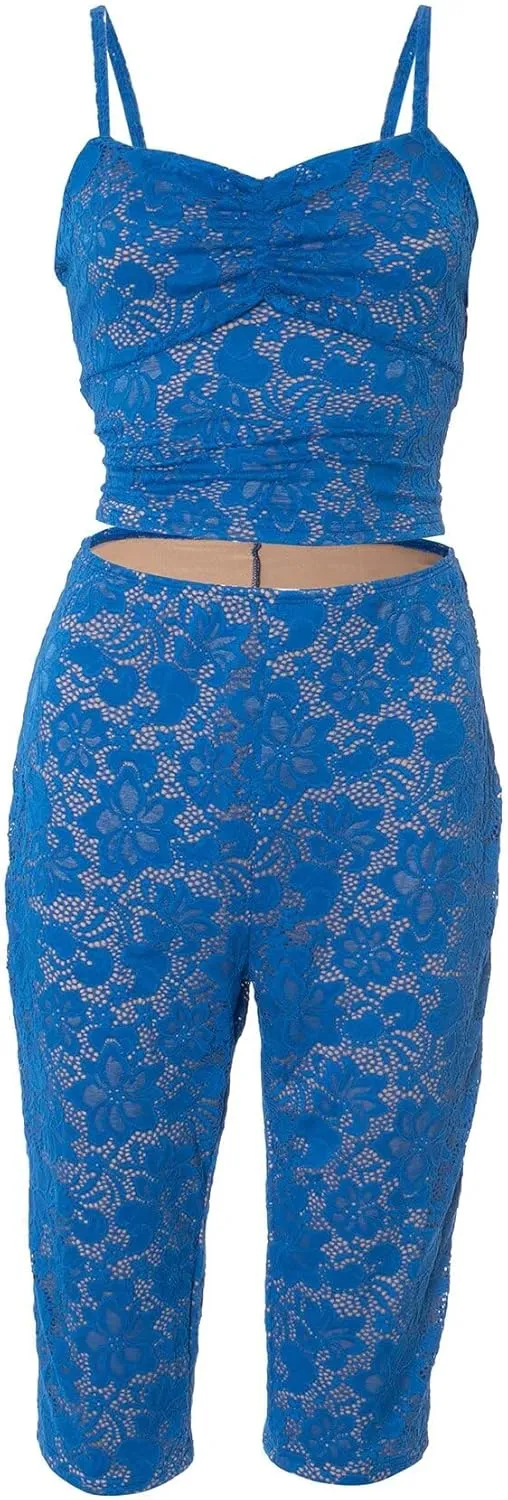 Uni Clau Womens Sexy Lace 2 Piece Set Sleeveless Tank Top and Capri Pants Mesh Bodycon Two Piece Outfits Club Matching Set