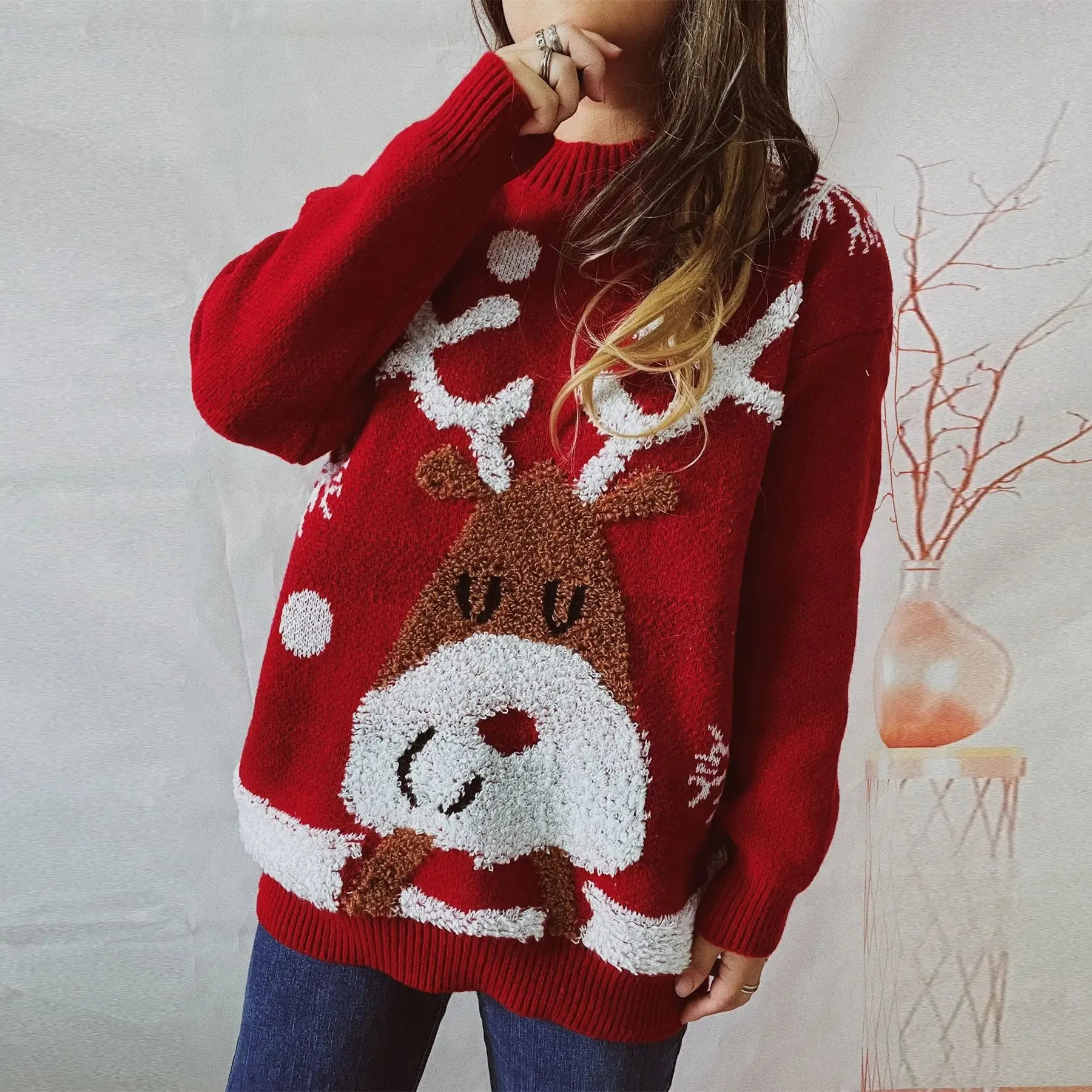 Wenkouban-Christmas Thanksgiving outfits_Fashion Casual Thickened Raglan Sleeve Elk Christmas Tree Christmas Sweater