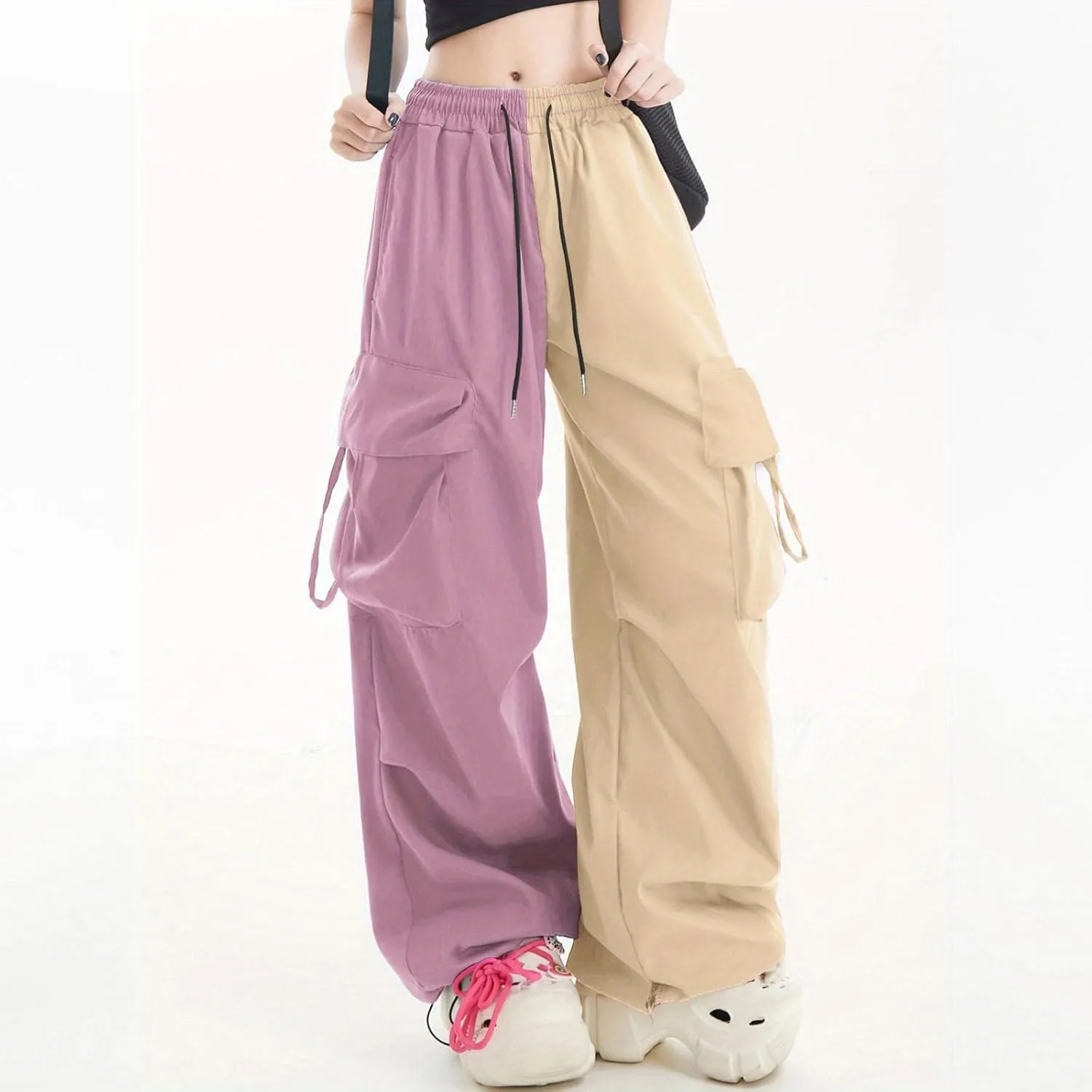 Women Cargo Pants Patchwork Y2K Streetwear Baggy Drawstring Elastic Parachute Pants