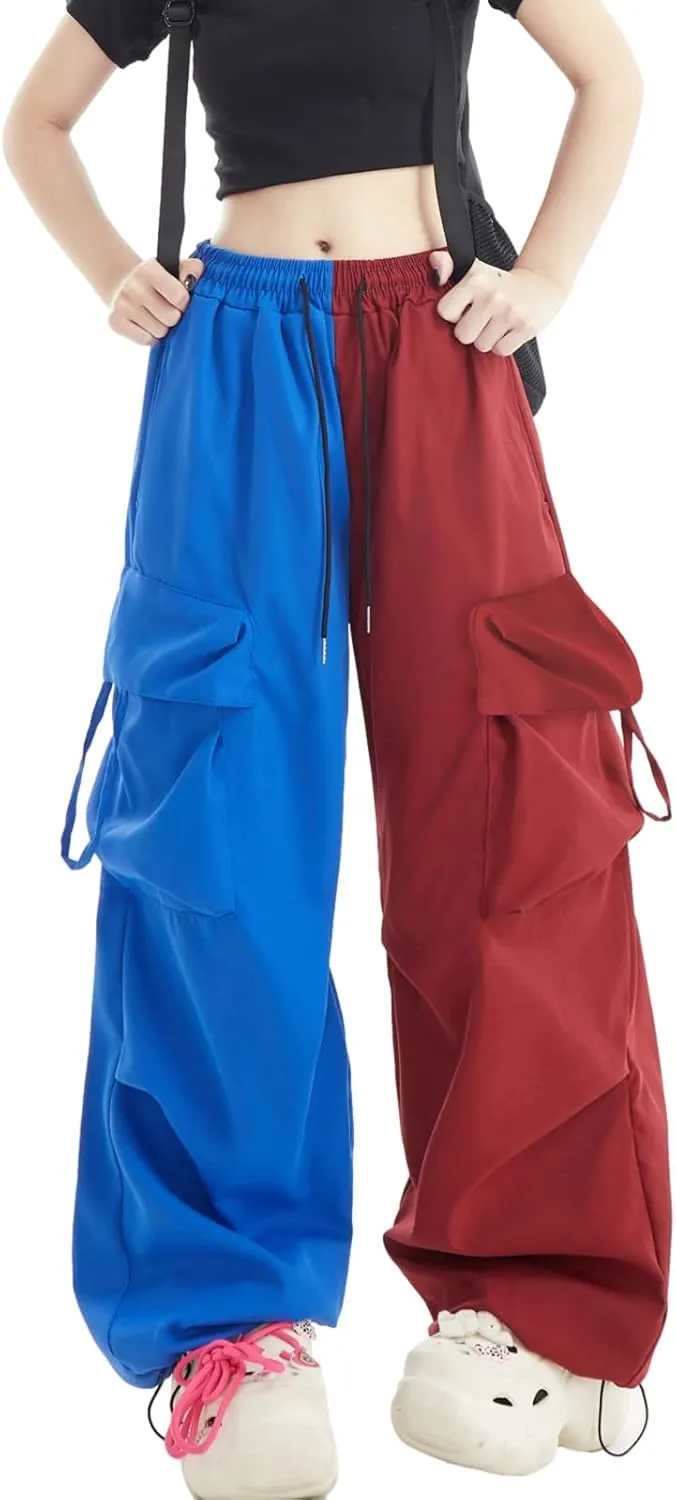 Women Cargo Pants Patchwork Y2K Streetwear Baggy Drawstring Elastic Parachute Pants