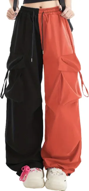 Women Cargo Pants Patchwork Y2K Streetwear Baggy Drawstring Elastic Parachute Pants