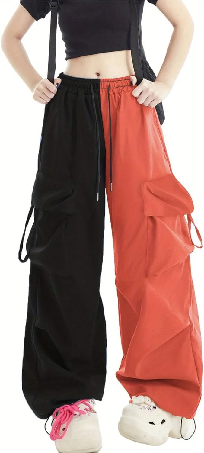 Women Cargo Pants Patchwork Y2K Streetwear Baggy Drawstring Elastic Parachute Pants