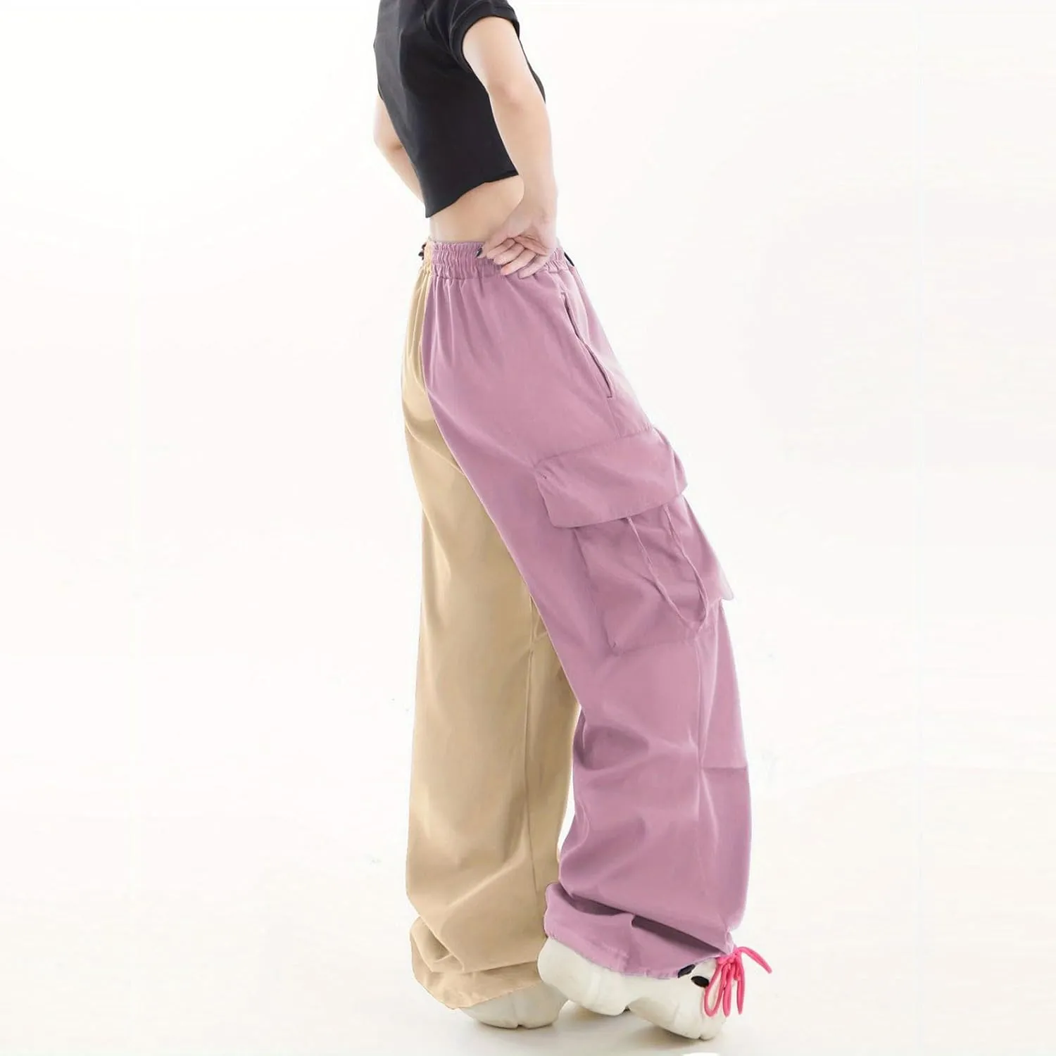 Women Cargo Pants Patchwork Y2K Streetwear Baggy Drawstring Elastic Parachute Pants