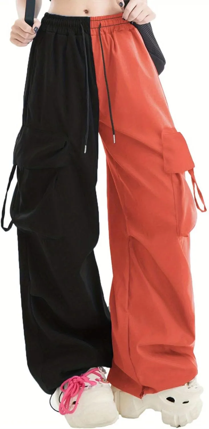Women Cargo Pants Patchwork Y2K Streetwear Baggy Drawstring Elastic Parachute Pants