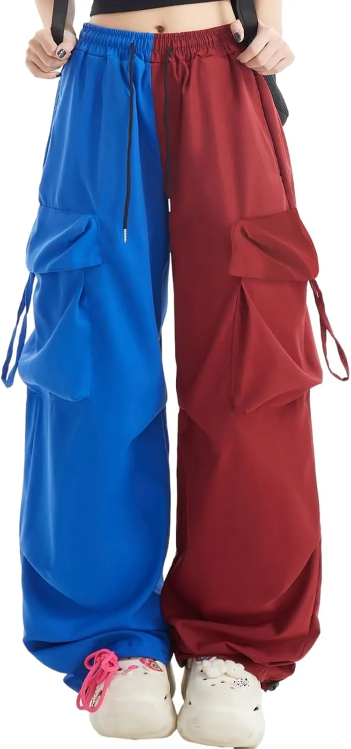 Women Cargo Pants Patchwork Y2K Streetwear Baggy Drawstring Elastic Parachute Pants