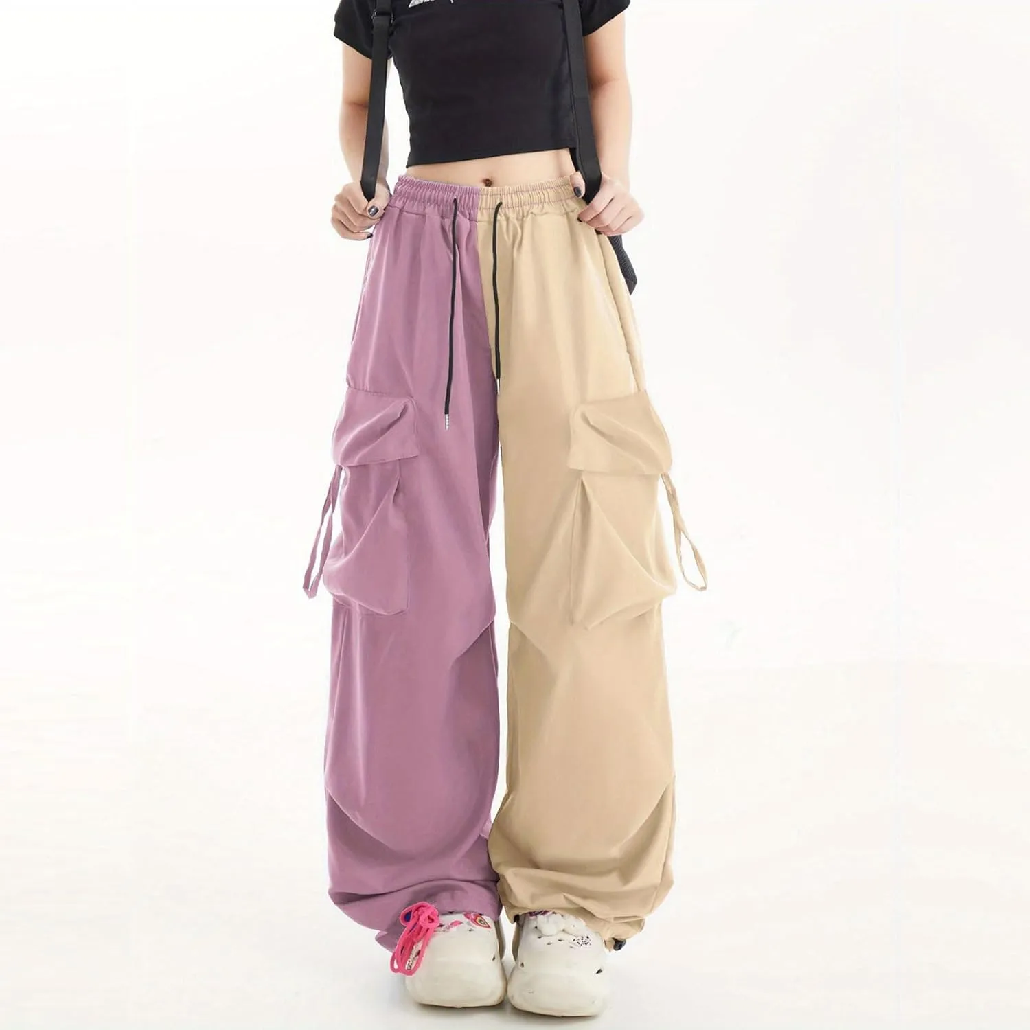 Women Cargo Pants Patchwork Y2K Streetwear Baggy Drawstring Elastic Parachute Pants