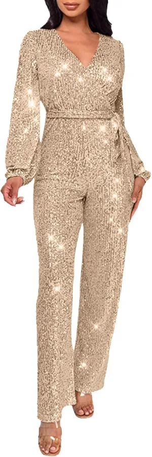 Women Sequin Party Clubwear Romper Glitter Shiny Wrap V Neck Sexy Long Sleeve Jumpsuit Straight Wide Long Pants