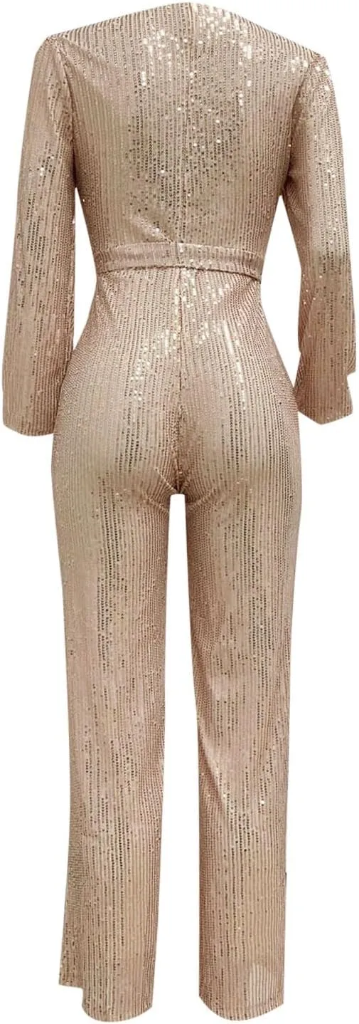 Women Sequin Party Clubwear Romper Glitter Shiny Wrap V Neck Sexy Long Sleeve Jumpsuit Straight Wide Long Pants
