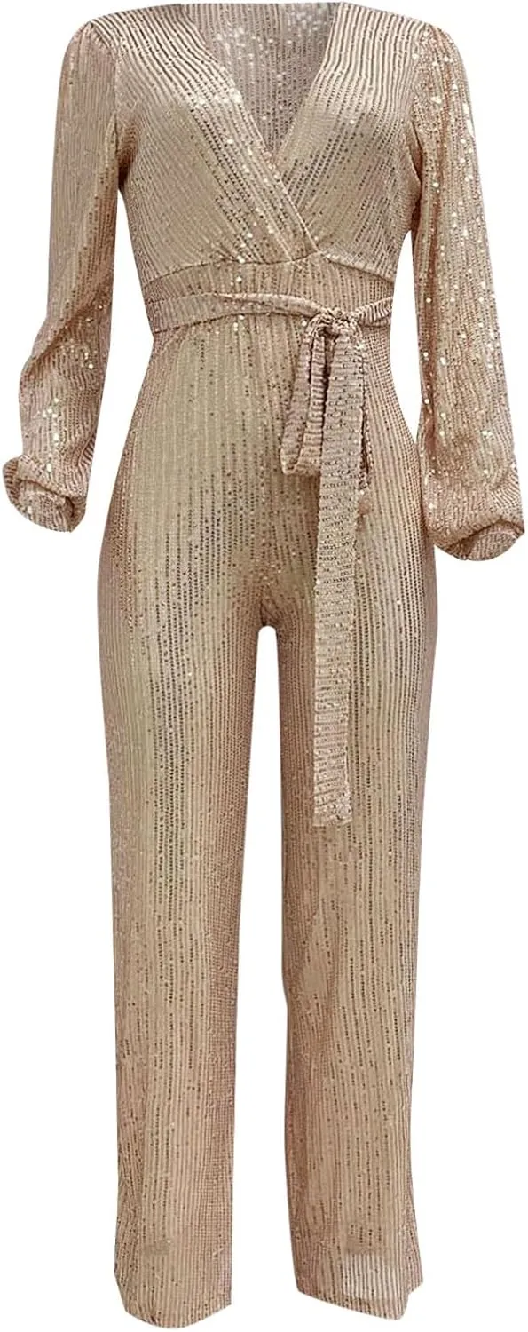 Women Sequin Party Clubwear Romper Glitter Shiny Wrap V Neck Sexy Long Sleeve Jumpsuit Straight Wide Long Pants