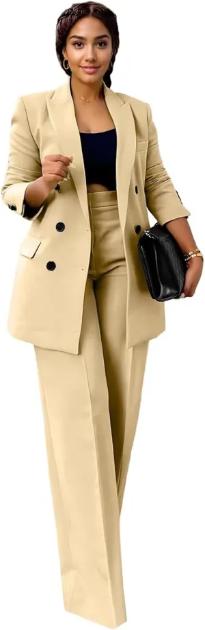 Women's 2 Piece Outfits Blazer Jacket and Wide Leg Pants Double Breasted Formal Suits for Women Casual Suit Sets