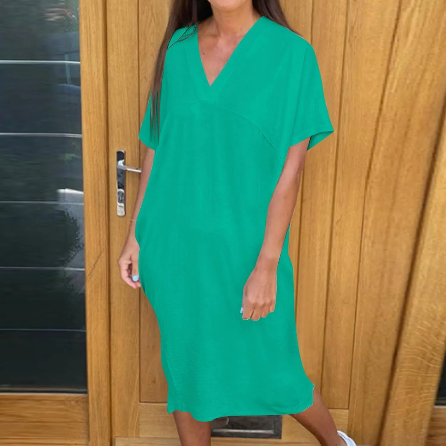 Women's Casual T Shirt V Neck Dress Summer Short Sleeve Dresses 2025 Basic Solid Midi Sundresses Beach Vacation Outfit