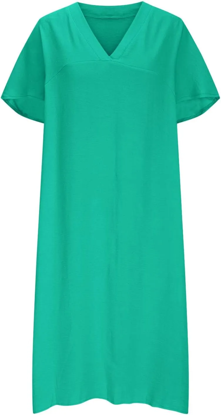 Women's Casual T Shirt V Neck Dress Summer Short Sleeve Dresses 2025 Basic Solid Midi Sundresses Beach Vacation Outfit