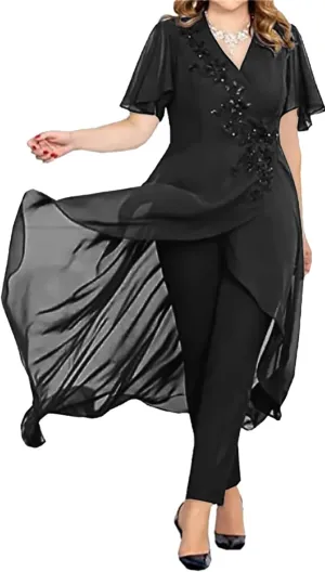 Women's Chiffon Mother of The Bride Dress 2 Pieces Pants Suits V Neck Mother of Groom Pantsuits for Wedding