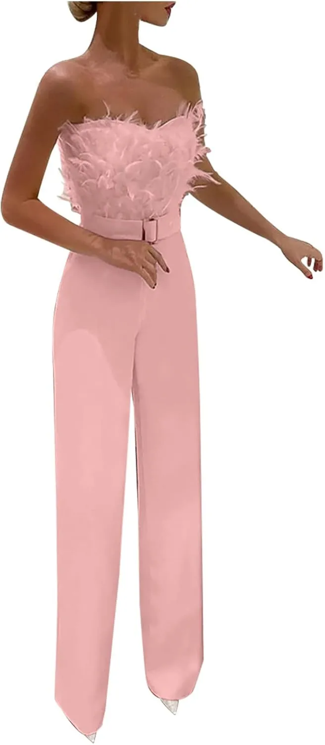 Womens Elegant Off Shoulder Feather Tube Top Belted Dressy Long Pants Wide Leg Jumpsuits Rompers Formal Party Clubwear
