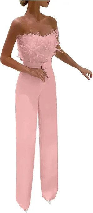 Womens Elegant Off Shoulder Feather Tube Top Belted Dressy Long Pants Wide Leg Jumpsuits Rompers Formal Party Clubwear