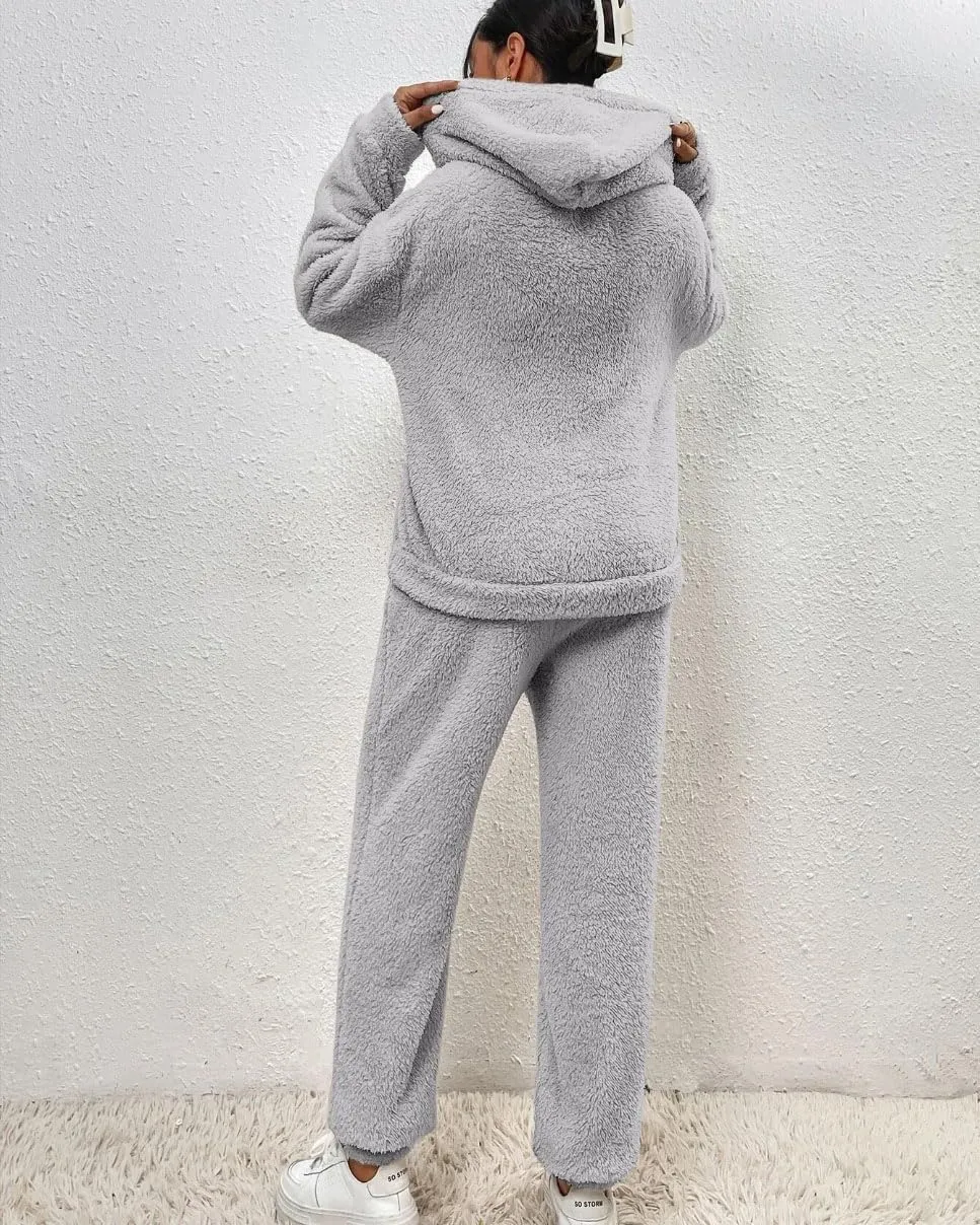 Womens Fuzzy Sherpa Fleece Pajamas Set Long Sleeve Hoodies Pajama Set 2 Piece Loungewear with Pockets