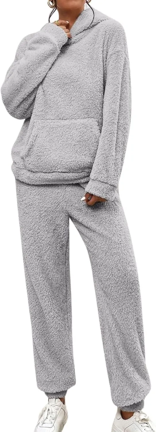 Womens Fuzzy Sherpa Fleece Pajamas Set Long Sleeve Hoodies Pajama Set 2 Piece Loungewear with Pockets