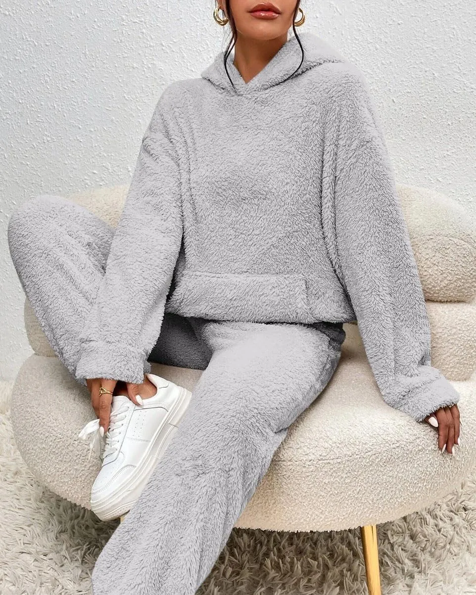 Womens Fuzzy Sherpa Fleece Pajamas Set Long Sleeve Hoodies Pajama Set 2 Piece Loungewear with Pockets