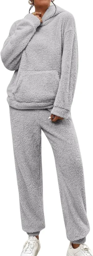 Womens Fuzzy Sherpa Fleece Pajamas Set Long Sleeve Hoodies Pajama Set 2 Piece Loungewear with Pockets