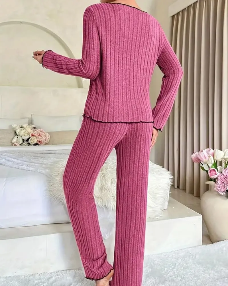Womens Ribbed Knit Pajama Sets 2 Piece Long Sleeve Top and Pants Soft Loungewear Set