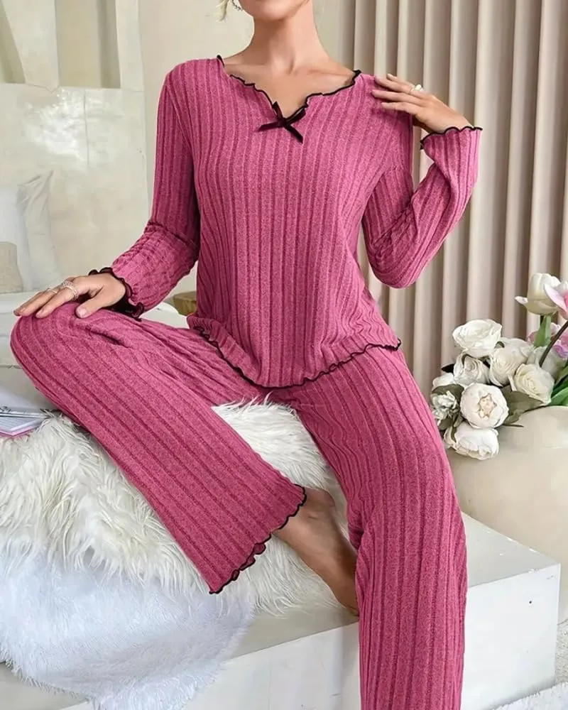 Womens Ribbed Knit Pajama Sets 2 Piece Long Sleeve Top and Pants Soft Loungewear Set