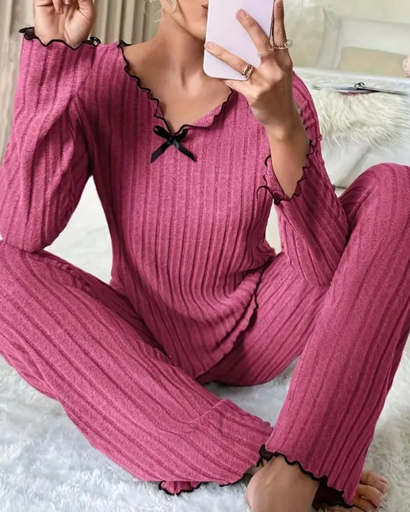 Womens Ribbed Knit Pajama Sets 2 Piece Long Sleeve Top and Pants Soft Loungewear Set