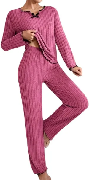 Womens Ribbed Knit Pajama Sets 2 Piece Long Sleeve Top and Pants Soft Loungewear Set