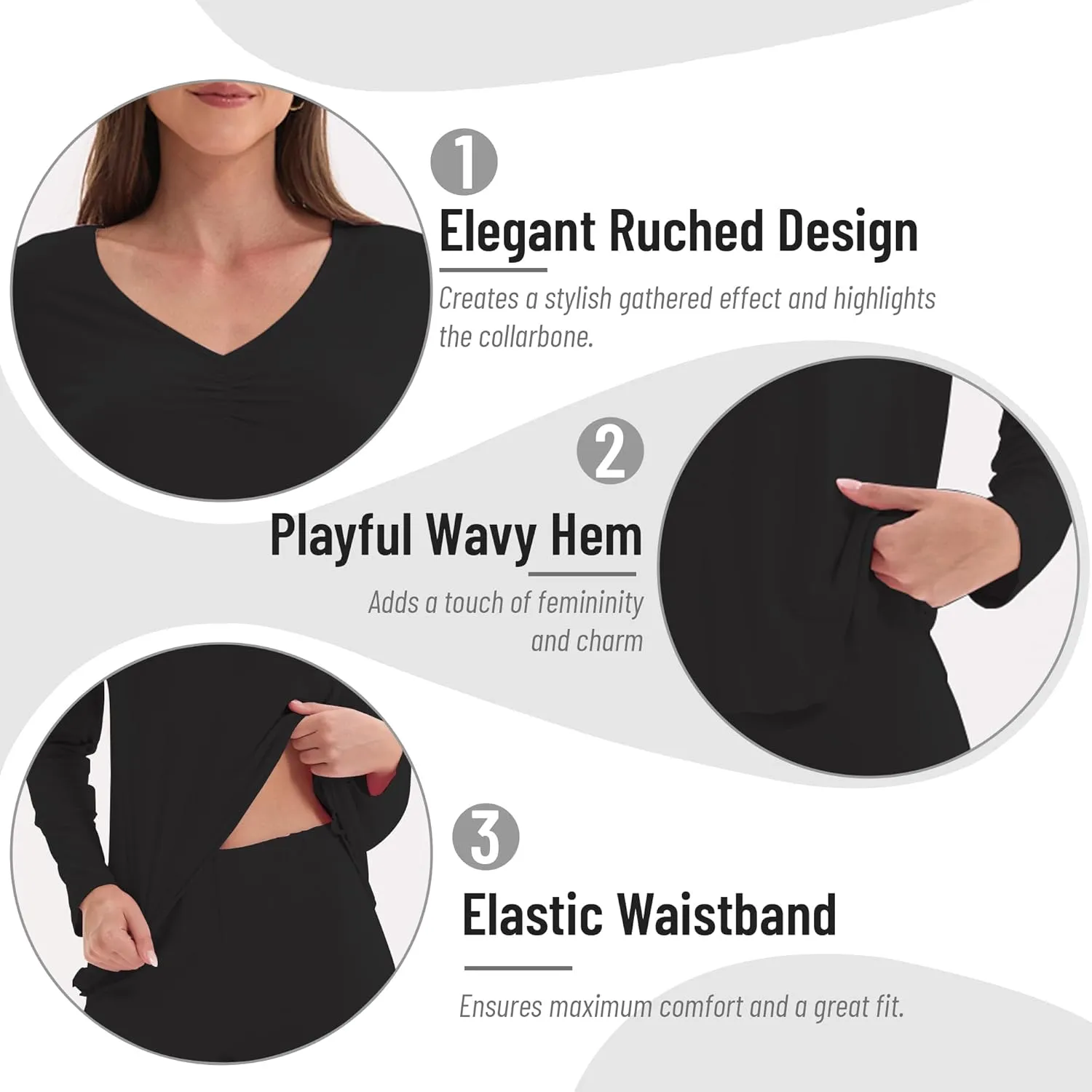 Women's Soft Knit Pajamas Set V-Neck Top and Pants Long Sleeve Two Piece Loungewear Elegant Wavy Hem Sleepwear