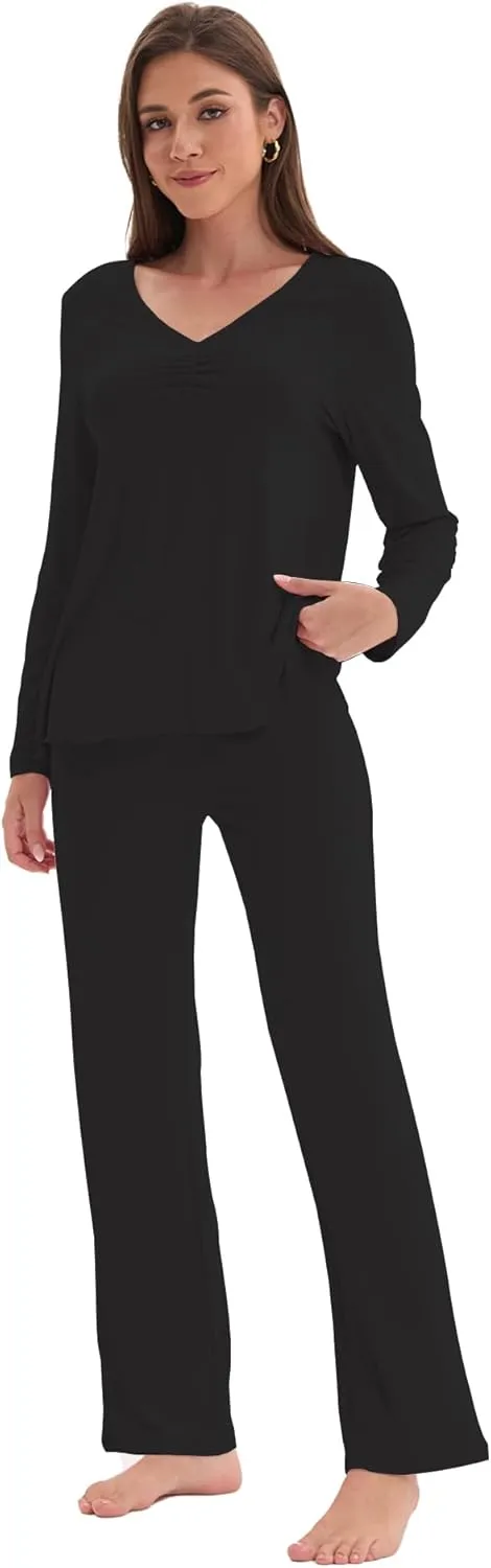 Women's Soft Knit Pajamas Set V-Neck Top and Pants Long Sleeve Two Piece Loungewear Elegant Wavy Hem Sleepwear