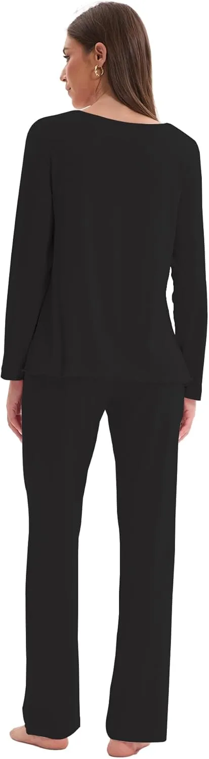 Women's Soft Knit Pajamas Set V-Neck Top and Pants Long Sleeve Two Piece Loungewear Elegant Wavy Hem Sleepwear