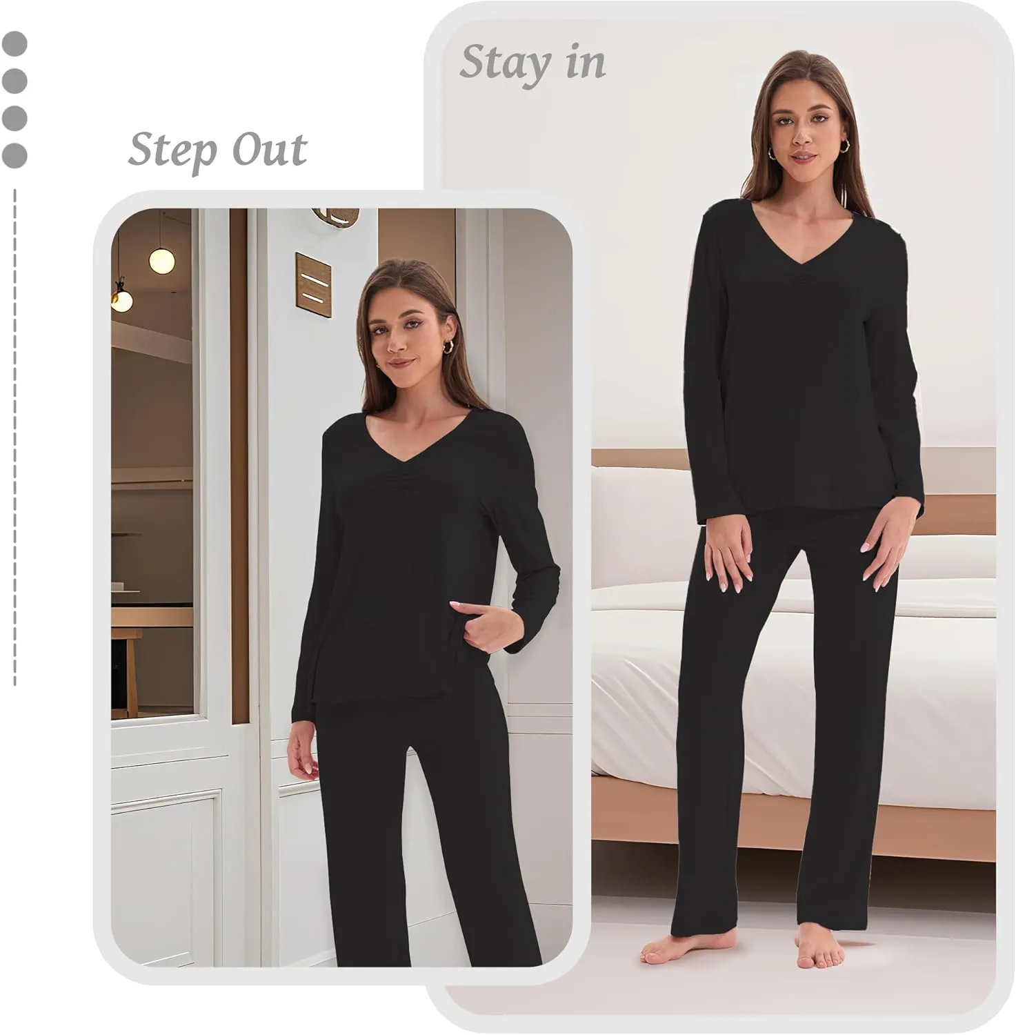 Women's Soft Knit Pajamas Set V-Neck Top and Pants Long Sleeve Two Piece Loungewear Elegant Wavy Hem Sleepwear