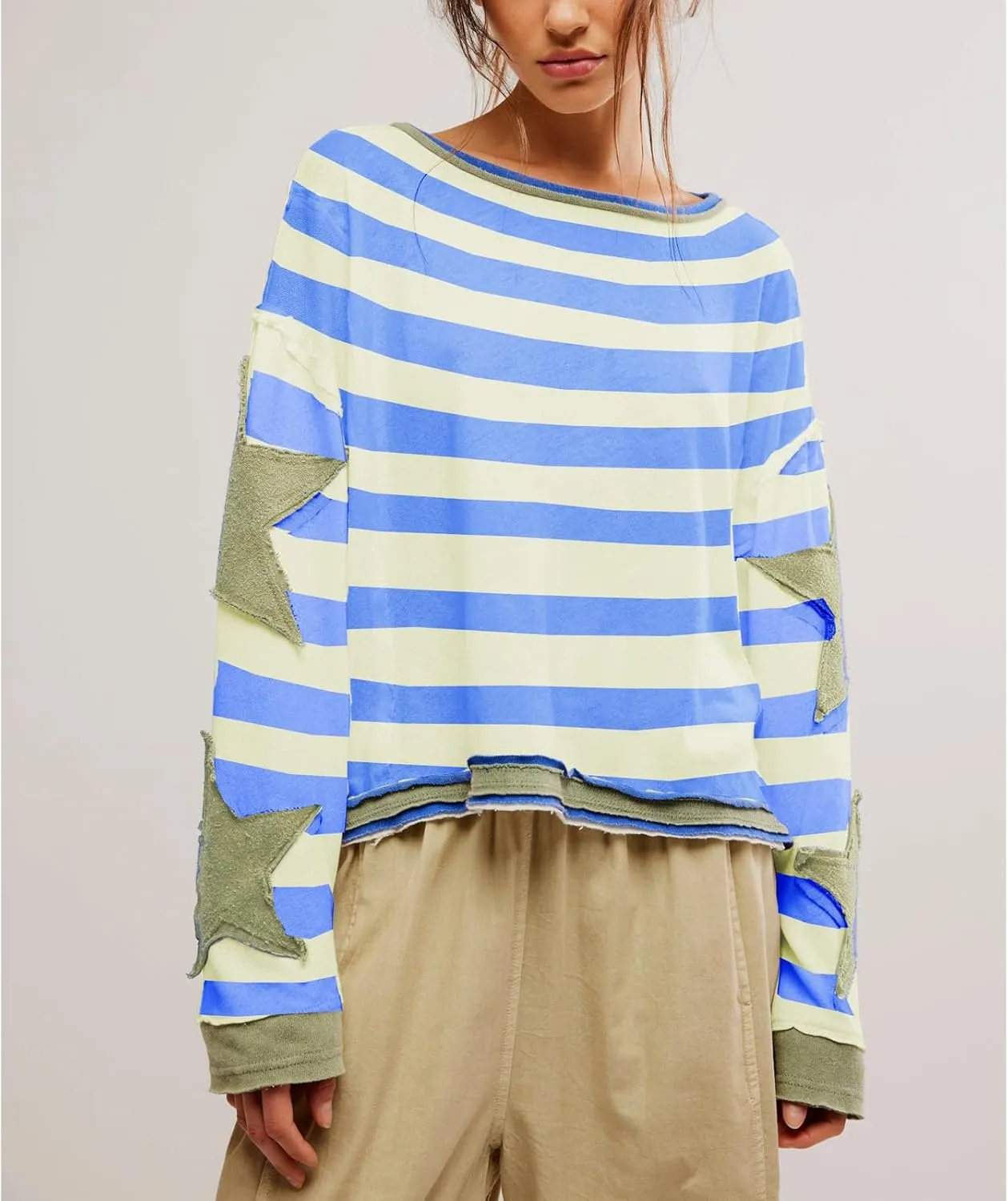 Womens Y2k Vintage Star Graphic Sweatshirts Aesthetic Harajuku Crew Neck Stripe Hoodies Top Teens Girl Streetwear