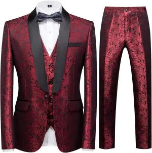 YFFUSHI Men's Elegant Jacquard 3 Piece Suit Shawl Lapel Slim Fit Tuxedo Set