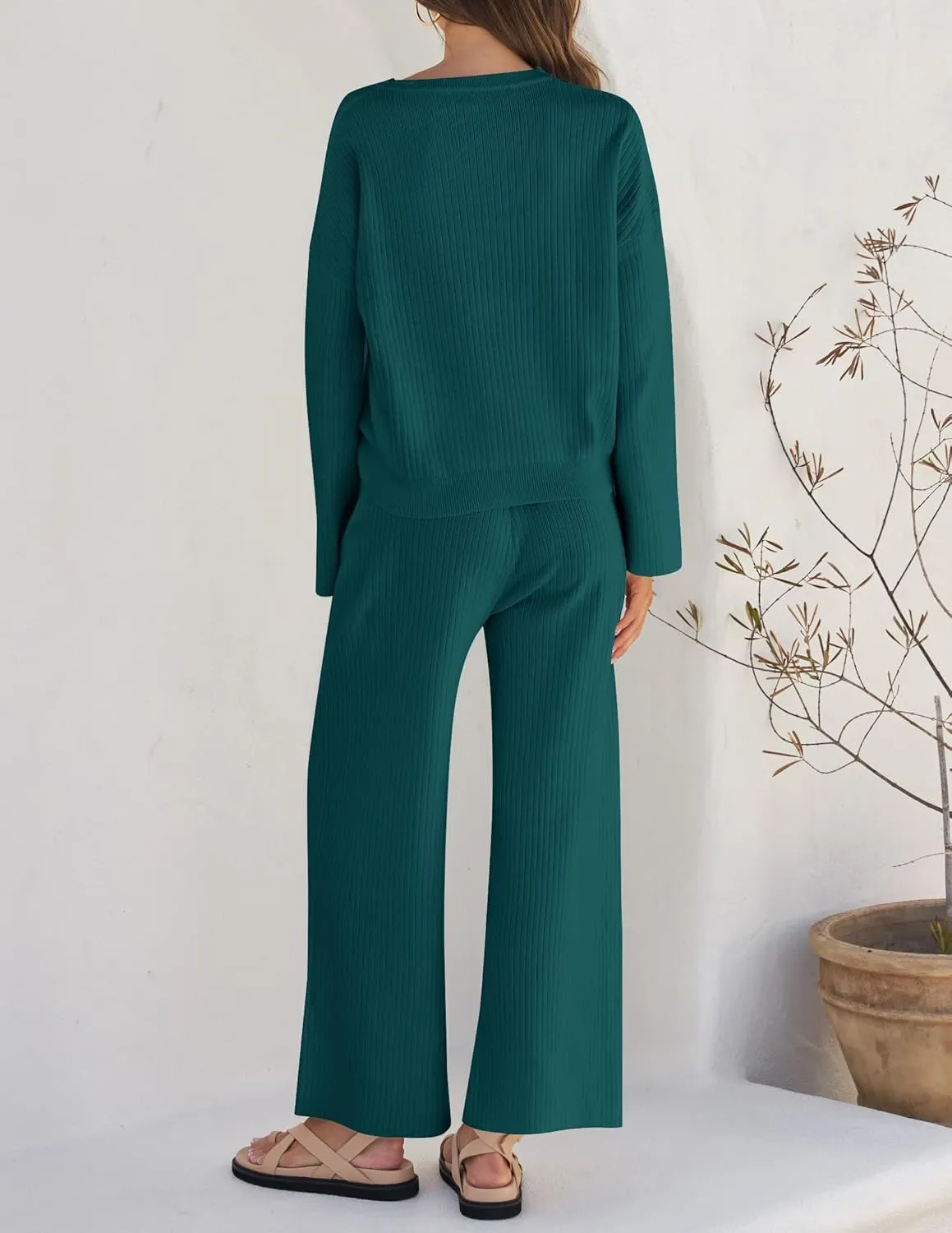 ZESICA Women's 2 Piece Outfits Set Casual Long Sleeve Knit Pullover Top and Wide Leg Pants Sweatsuit Lounge Sets