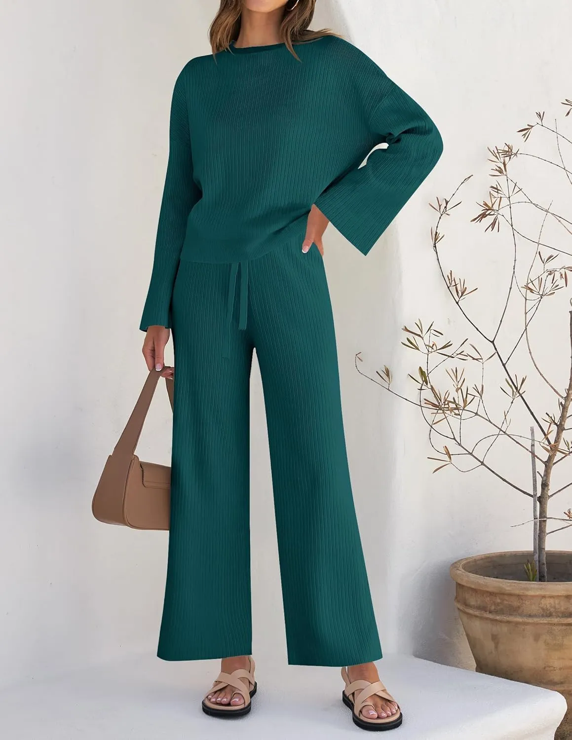 ZESICA Women's 2 Piece Outfits Set Casual Long Sleeve Knit Pullover Top and Wide Leg Pants Sweatsuit Lounge Sets